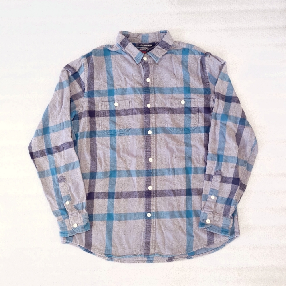 Old Navy Vintage Flannel Shirt Size L Men's Blue Gray Plaid Cotton Regular Fit.